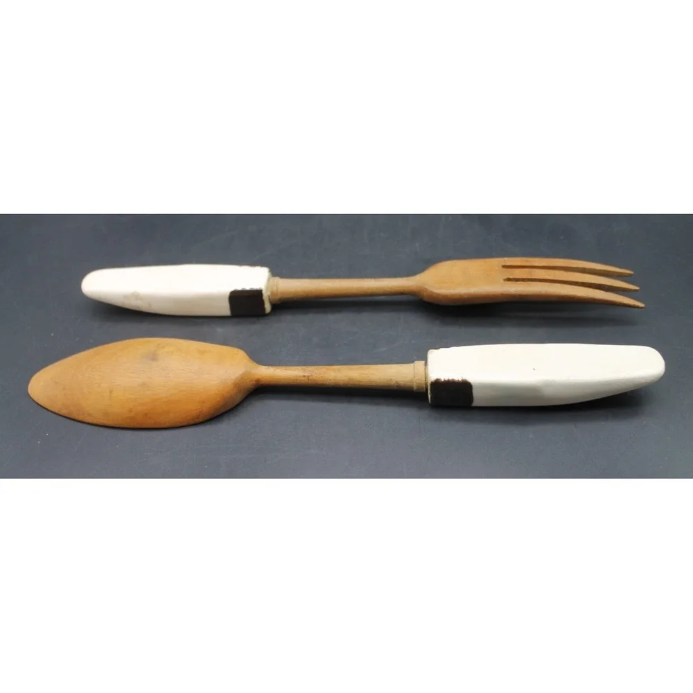 Vintage Wooden Salad Serving Set Ceramic Handles Fruit Motif Spoon Fork 11.5